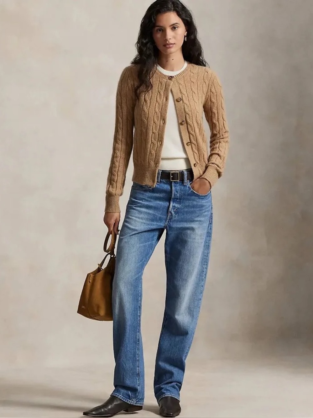 Ralph Lauren Camel Cable Knit Button-Up Cardigan